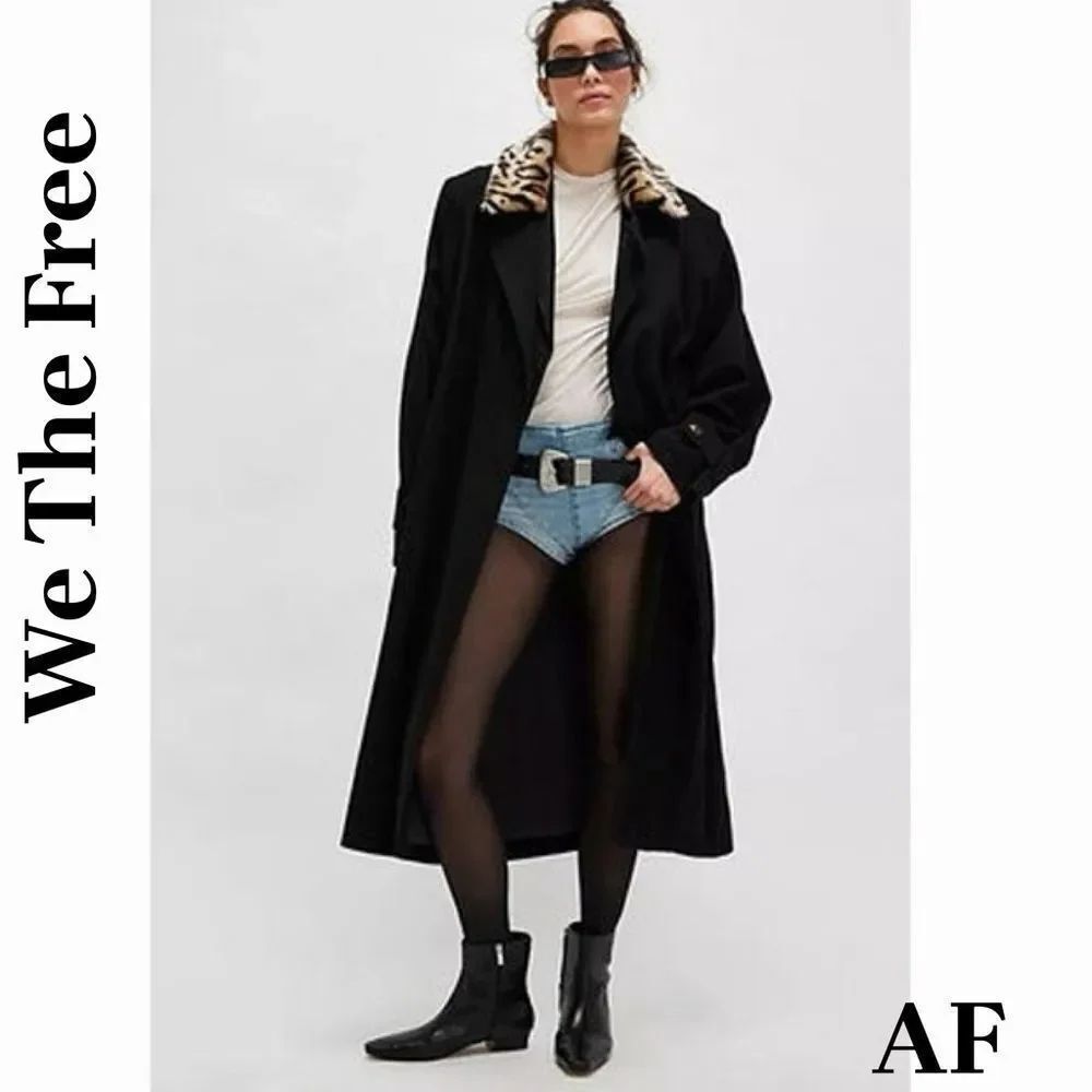 We The Free Need It Black Trench Coat with Leopard Print Collar in Medium New